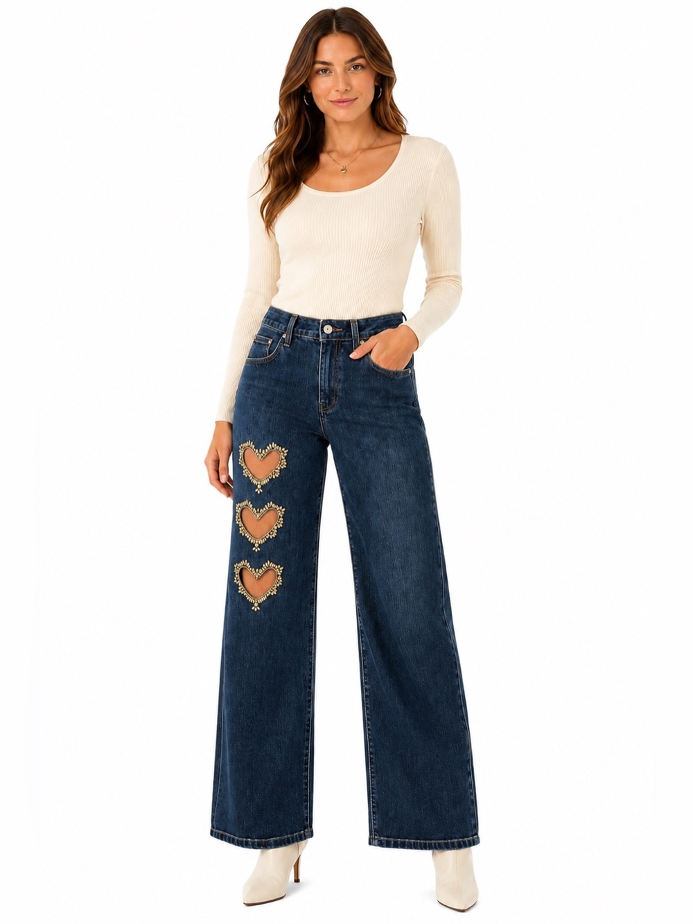 Heart Embellished Wide Leg Jeans Boho Cottagecore Denim Medium Blue Lizette LIC